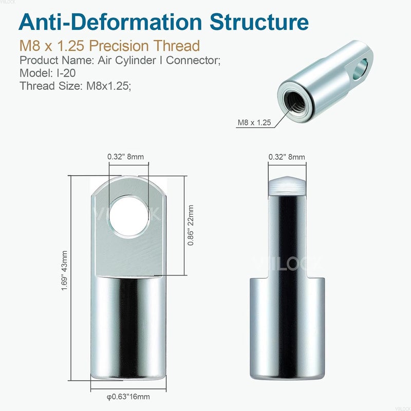 VIILOCK 2pcs Air Cylinder Rod Clevis End, M8x1.25 Female Thread I Type Connector Air Cylinder Accessories I-20 - Image 3